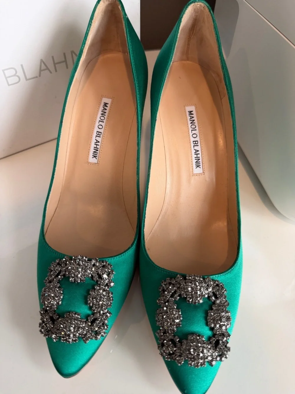 Manolo Blahnik Emerald Green Satin Crystal-Buckle Pumps - Picture 2 of 5